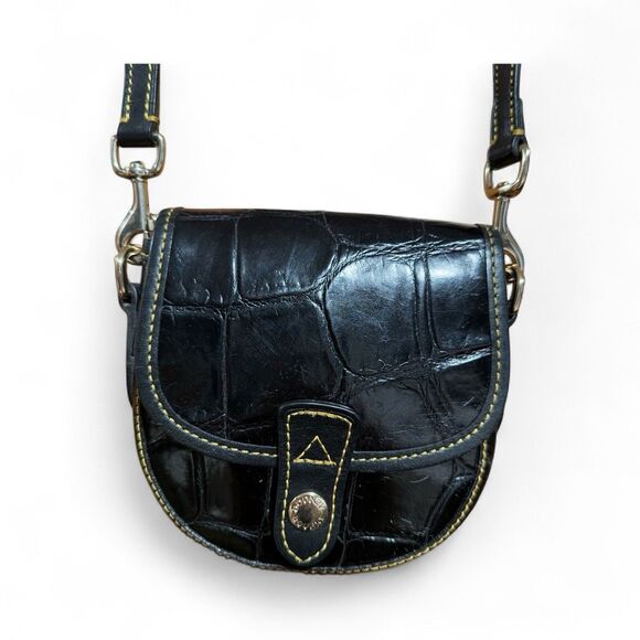 Dooney & Bourke Mini Flap Crossbody Black Croc Leather Pink Lining Y2K 2000s Bag - Picture 1 of 15